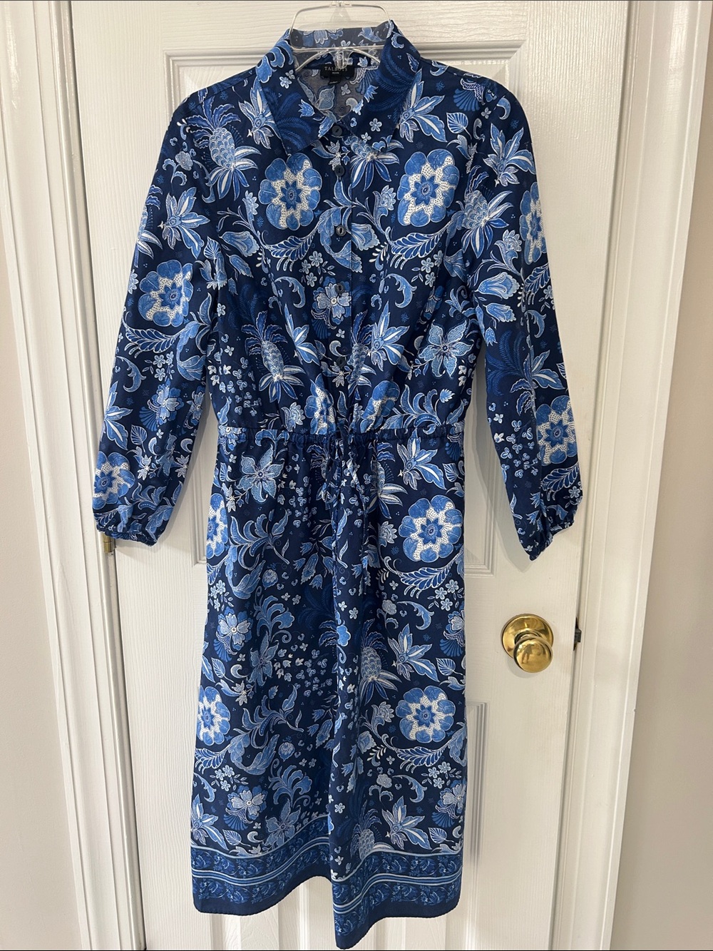 Talbots Petite Cotton Blue Floral Midi Shirt Dress